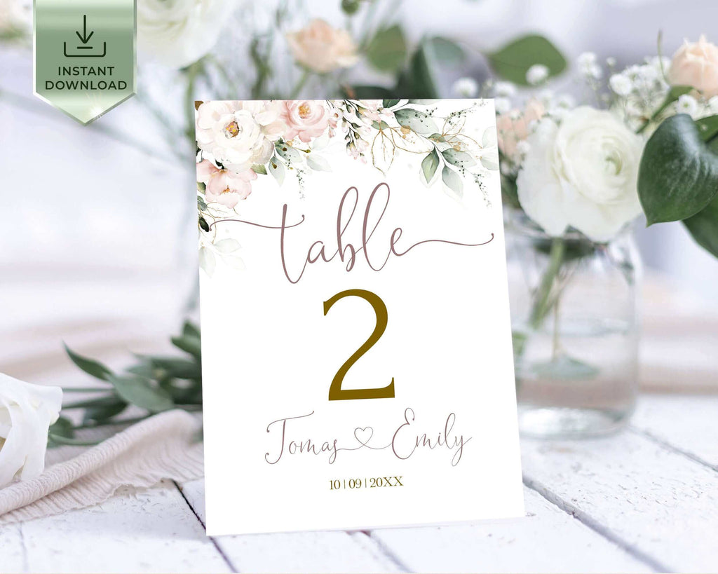 Table Numbers Template, Blush and Pink, Floral Wedding DIY Printables