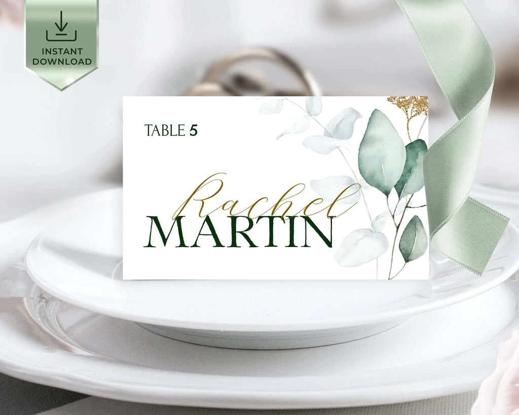 Sage and Gold Place card Template, Wedding Table seat card Download, Greenery Eucalyptus name card, Editable Greenery table card | VESNA