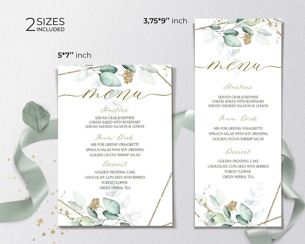 Sage and Gold Wedding Menu Template with Eucalyptus, Greenery Wedding Menu Download, INSTANT Download, Printable Wedding Menu | VESNA