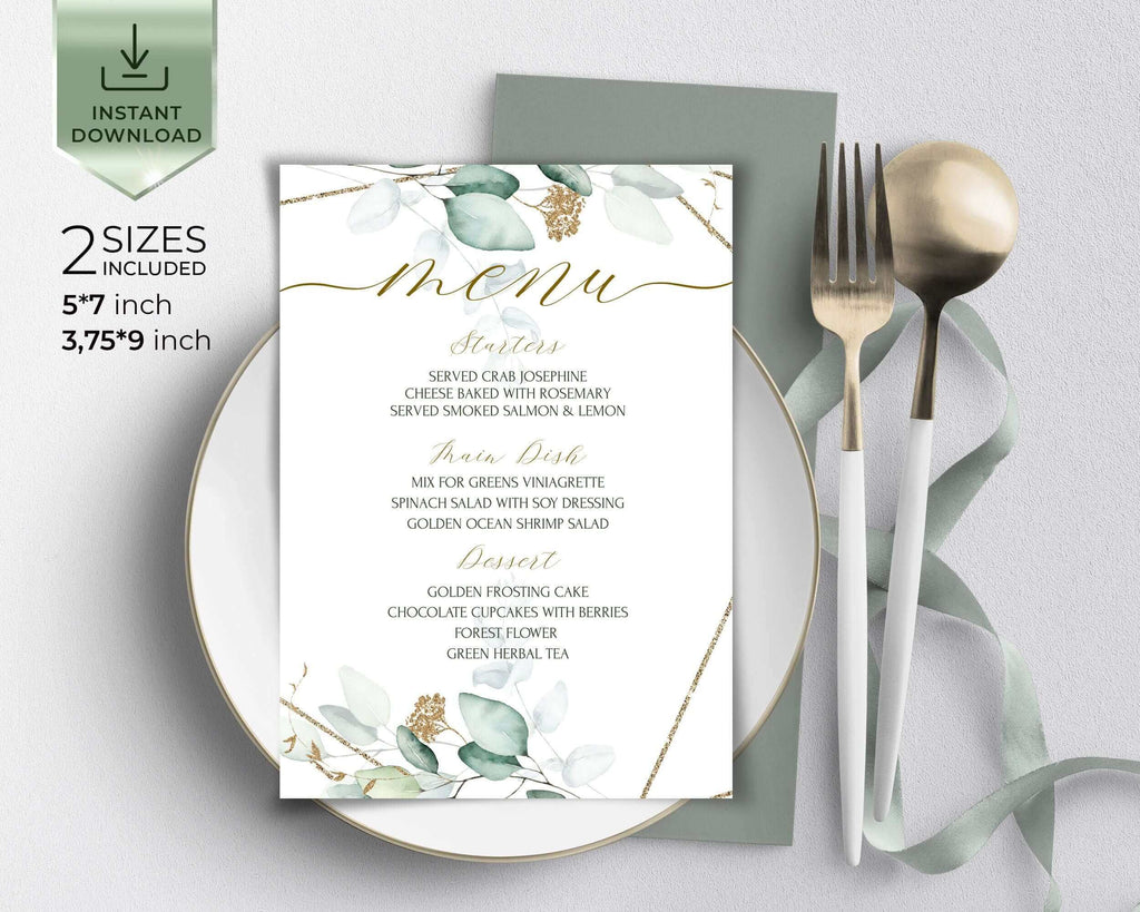 Sage and Gold Wedding Menu Template with Eucalyptus, Greenery Wedding Menu Download, INSTANT Download, Printable Wedding Menu | VESNA