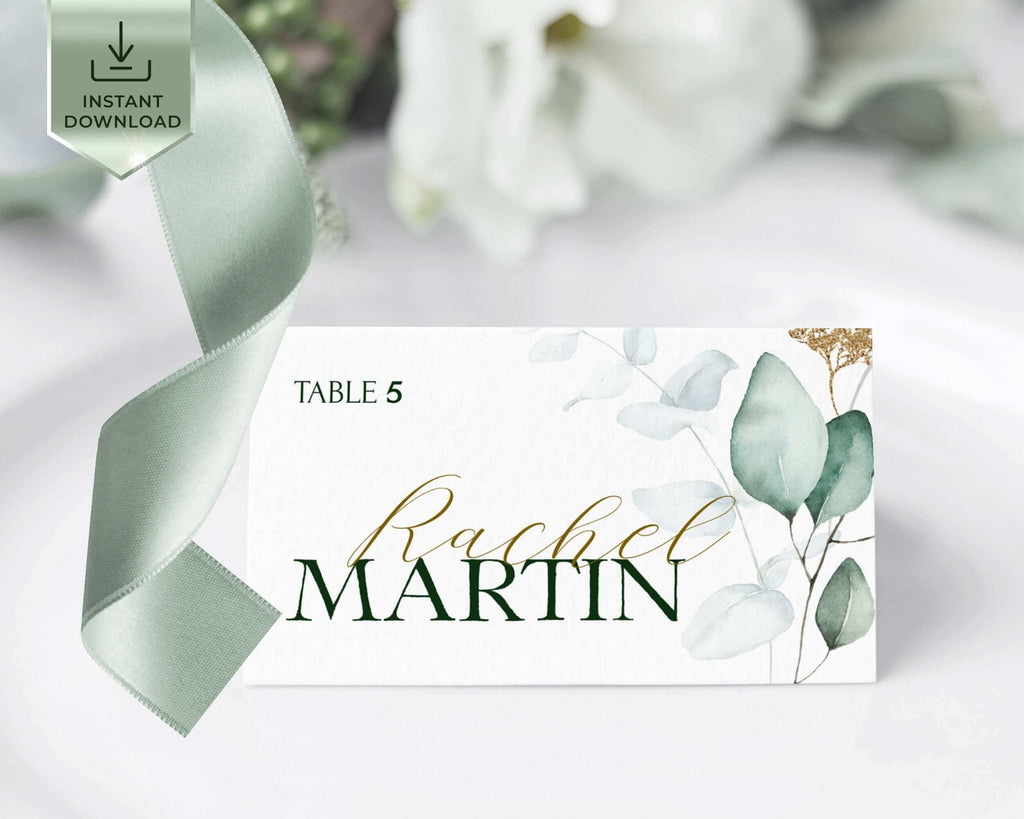 Sage and Gold Place card Template, Wedding Table seat card Download, Greenery Eucalyptus name card, Editable Greenery table card | VESNA