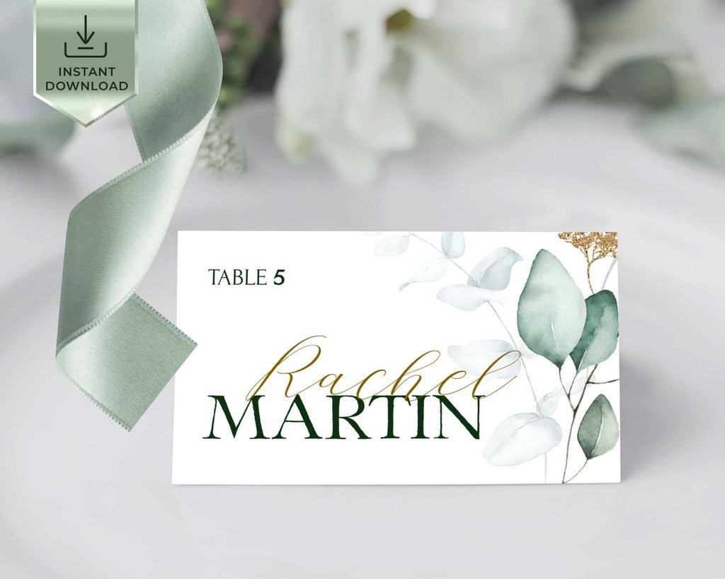 Sage and Gold Place card Template, Wedding Table seat card Download, Greenery Eucalyptus name card, Editable Greenery table card | VESNA