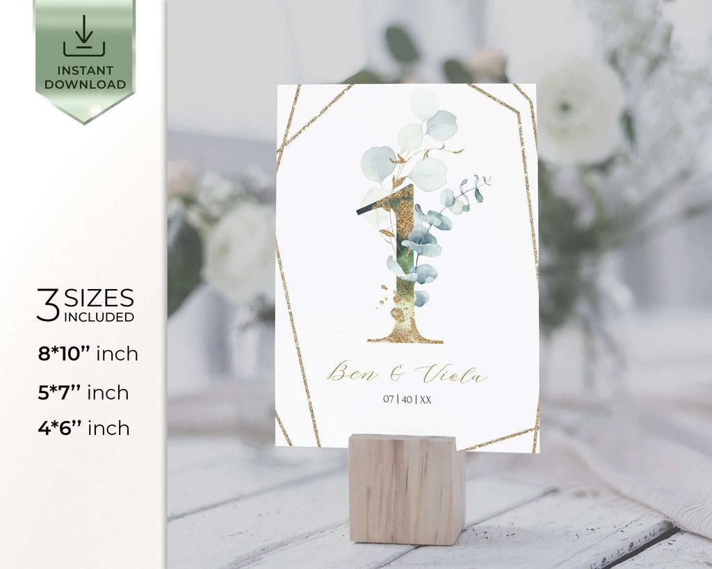 Sage Green Wedding Table Number Template with  Eucalyptus, Greenery and Gold Wedding Table Number Card, INSTANT Download, Printable | VESNA