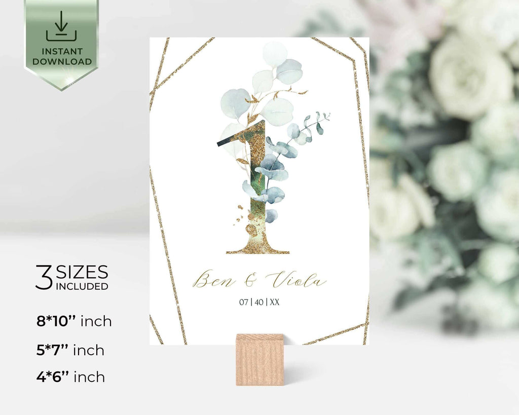 Sage Green Wedding Table Number Template with  Eucalyptus, Greenery and Gold Wedding Table Number Card, INSTANT Download, Printable | VESNA