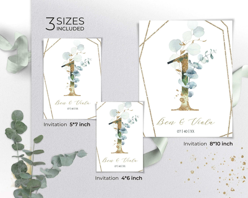 Sage Green Wedding Table Number Template with  Eucalyptus, Greenery and Gold Wedding Table Number Card, INSTANT Download, Printable | VESNA