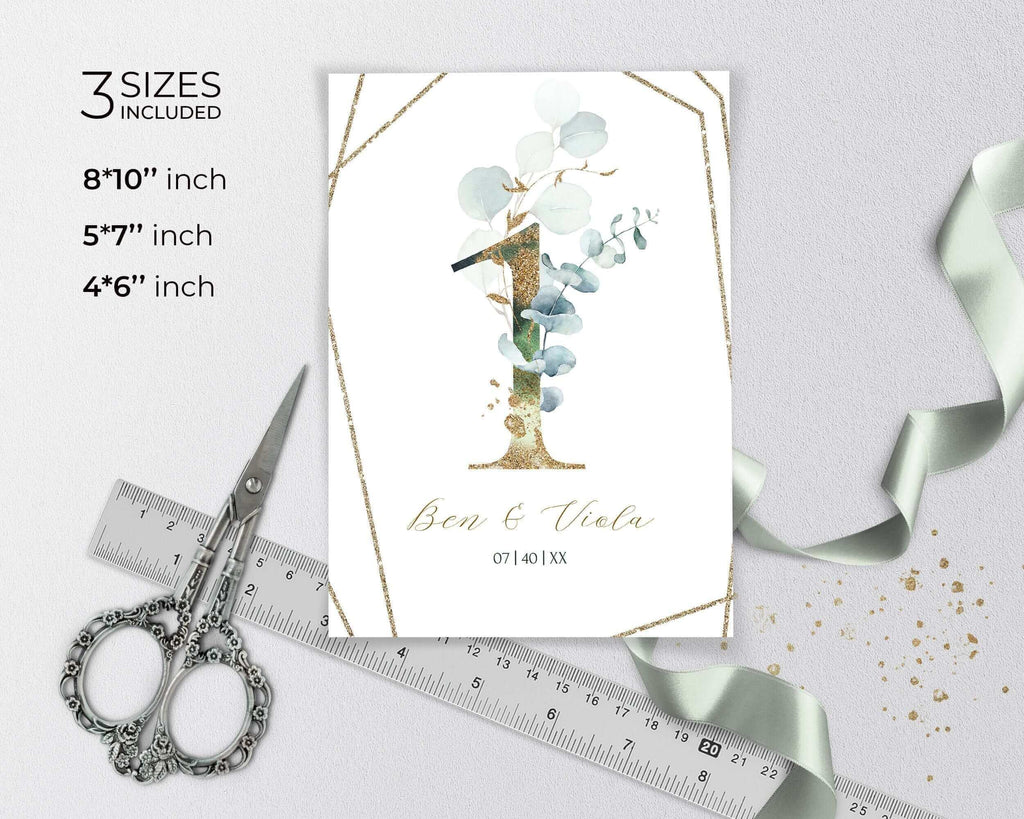 Sage Green Wedding Table Number Template with  Eucalyptus, Greenery and Gold Wedding Table Number Card, INSTANT Download, Printable | VESNA