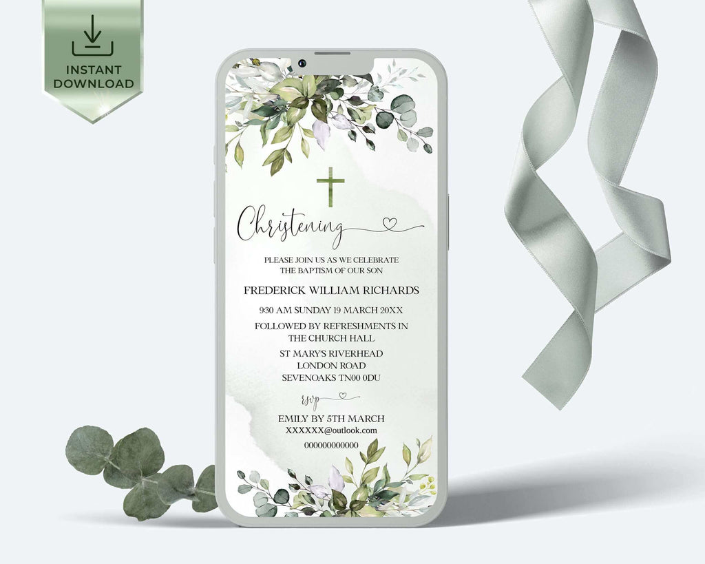 Baptism Invitation Template, Sage Green Eucalyptus, Editable Templates