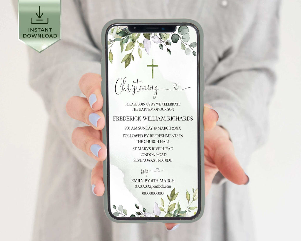 Baptism Invitation Template, Sage Green Eucalyptus, Editable Templates