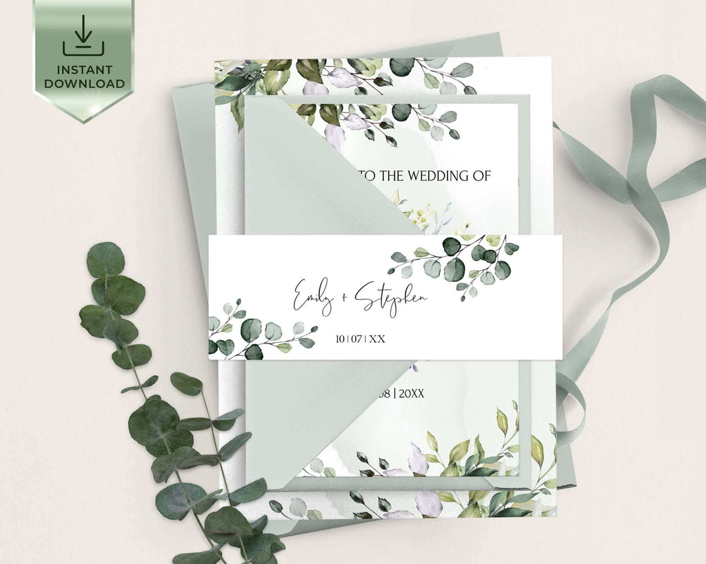 Eucalyptus Belly Band Template for Wedding Invitation, Editable Greenery Shower Belly Band, Printable Wedding Belly band | EVA