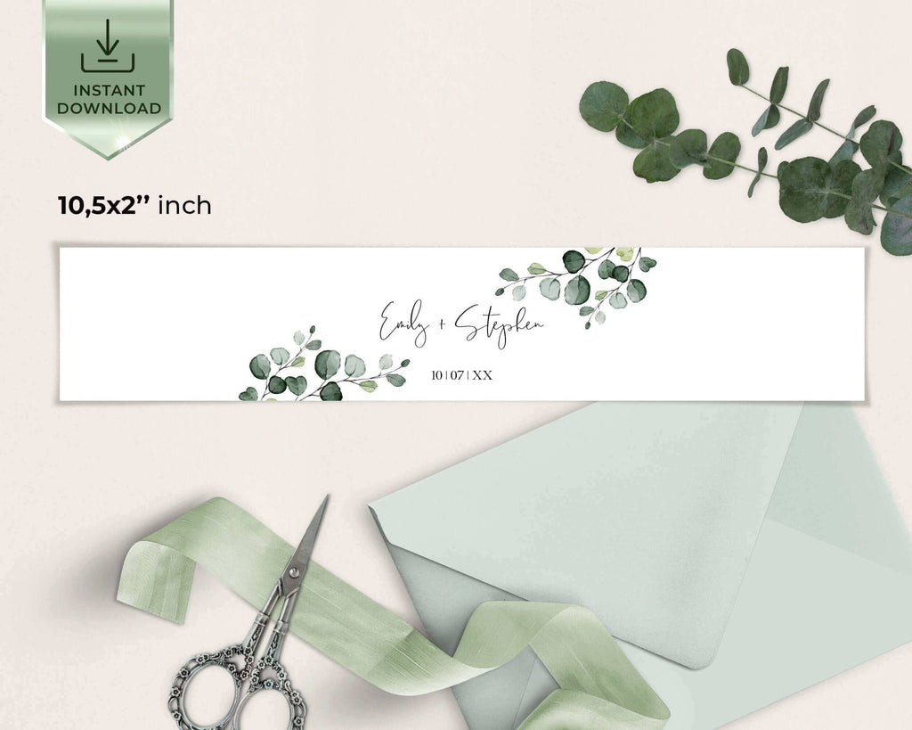 Eucalyptus Belly Band Template for Wedding Invitation, Editable Greenery Shower Belly Band, Printable Wedding Belly band | EVA