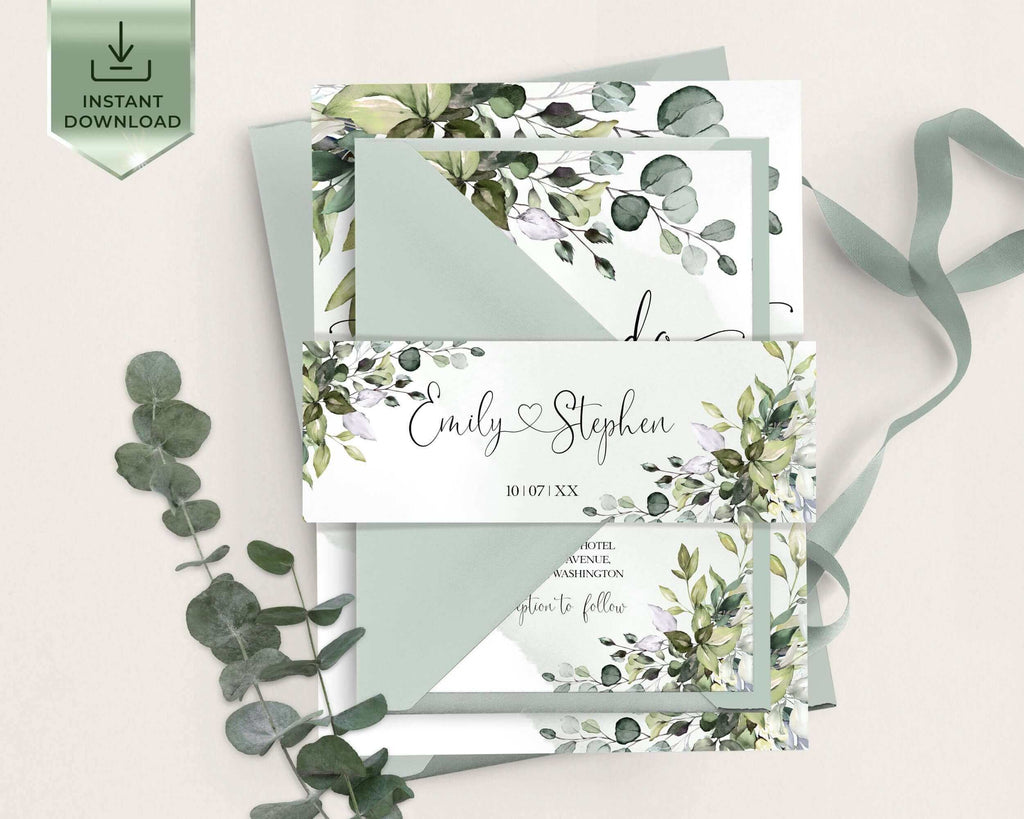 Belly Band for Wedding Invite, Sage Green Eucalyptus, DIY Printables