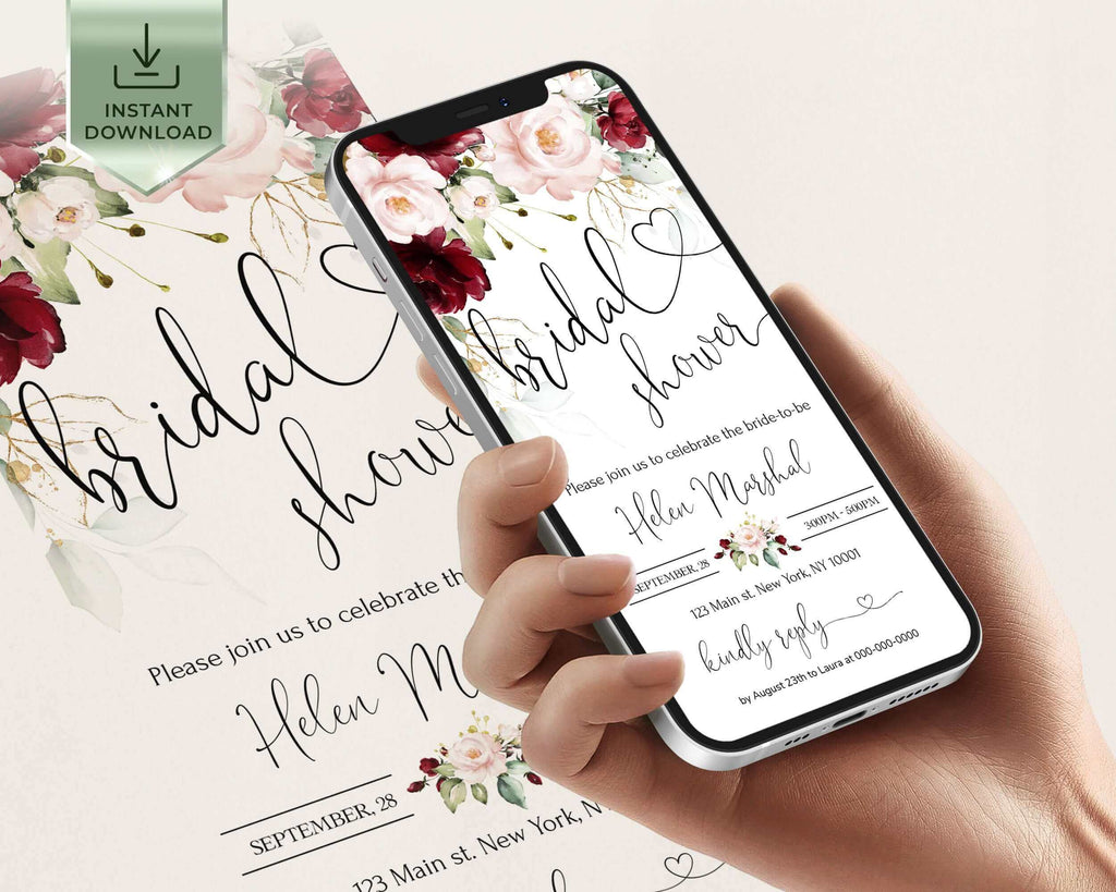 ARLETH Burgundy &  Blush Pink Flowers Electronic Bridal Shower Invitation Template, Soft pink Burgundy Smartphone Evite iphone online invite