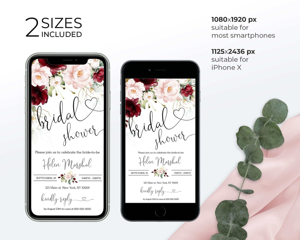 ARLETH Burgundy &  Blush Pink Flowers Electronic Bridal Shower Invitation Template, Soft pink Burgundy Smartphone Evite iphone online invite