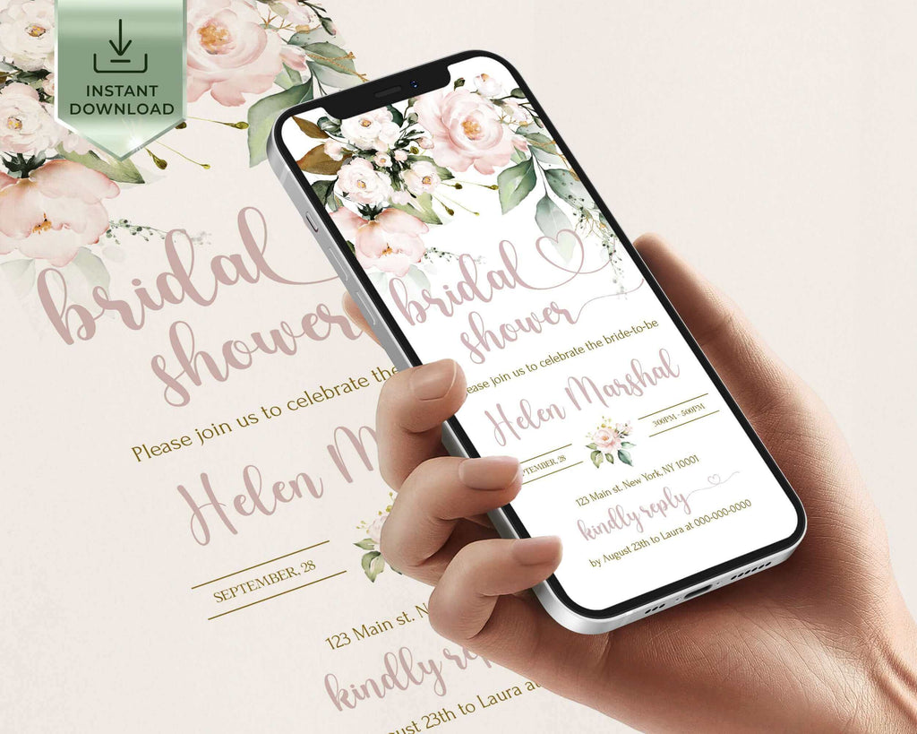 AVA -  Blush Pink Flowers Electronic Bridal Shower Invitation Template, Soft pink Smartphone iPhone online Bridal Shower Invites Download