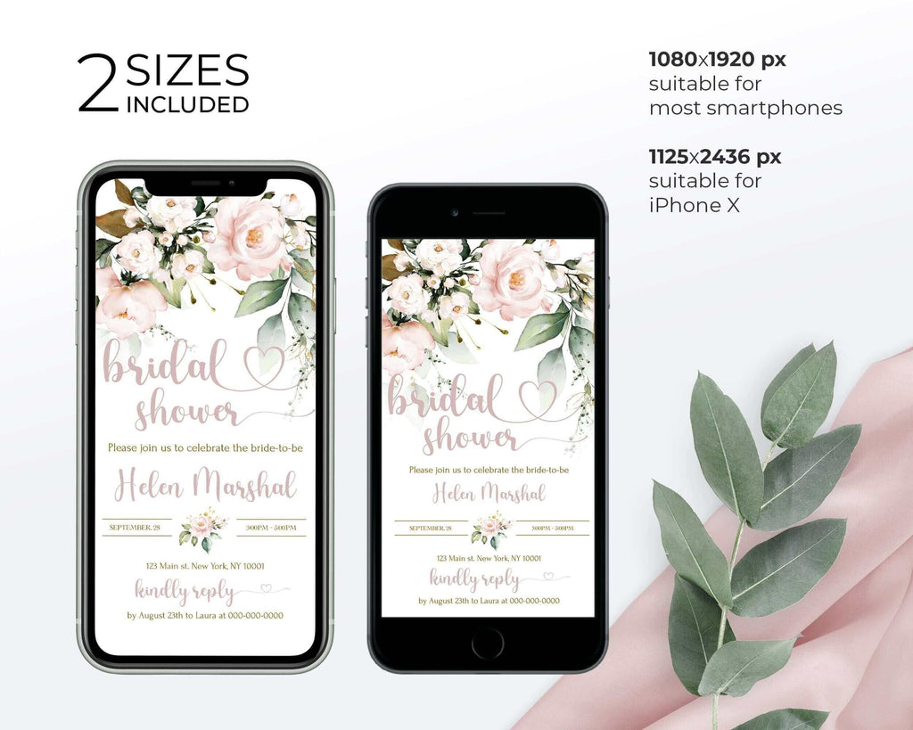 AVA -  Blush Pink Flowers Electronic Bridal Shower Invitation Template, Soft pink Smartphone iPhone online Bridal Shower Invites Download