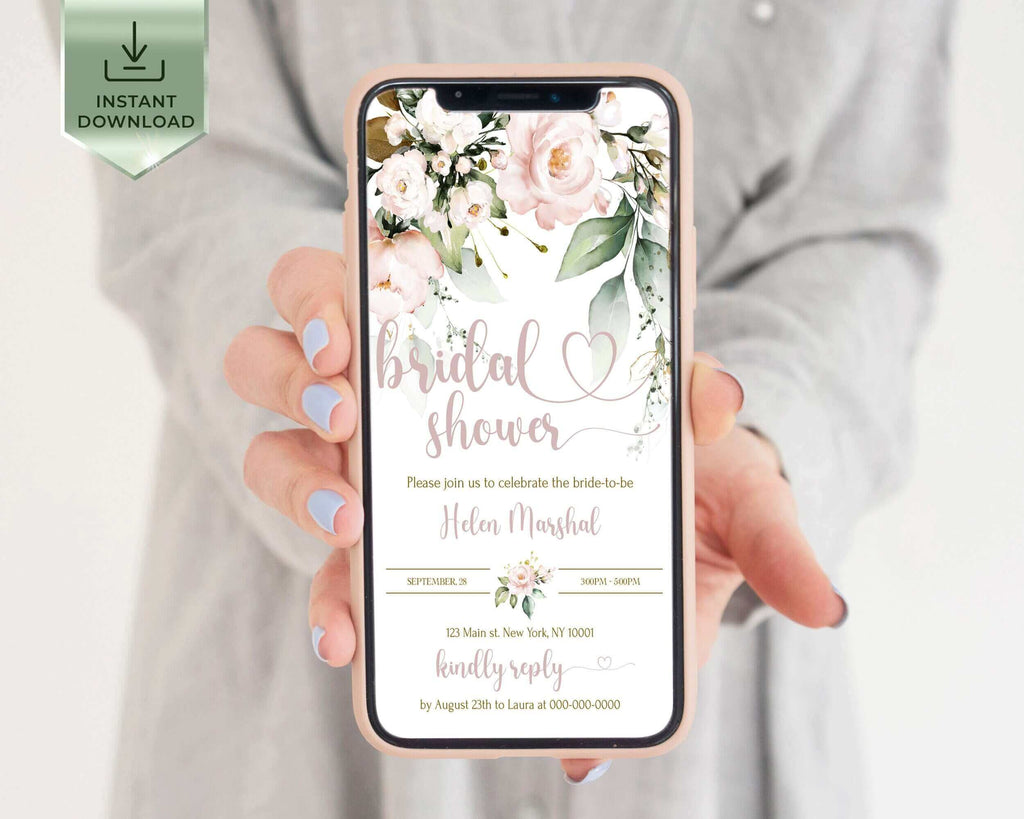 AVA -  Blush Pink Flowers Electronic Bridal Shower Invitation Template, Soft pink Smartphone iPhone online Bridal Shower Invites Download