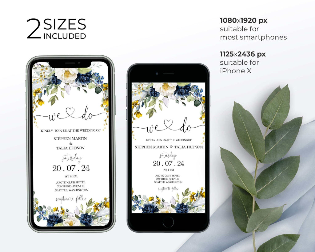 LPE0271 EVELYN - Electronic Invitation Template, Blue & Yellow Smartphone Evite, Floral Digital Template, Eucalyptus Mobile Invite, iPhone SMS