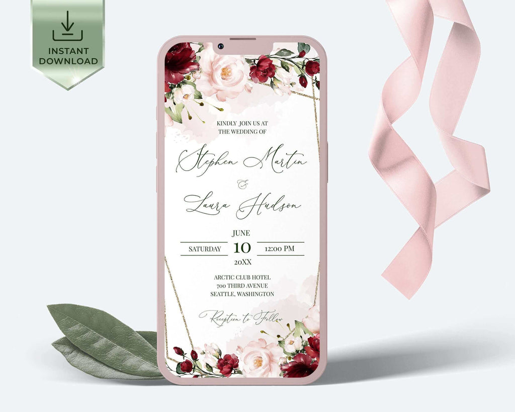 ARLETH Burgundy &  Blush Pink Flowers Electronic Invitation Template, Soft pink Burgundy Smartphone Evite Download, iphone online invite