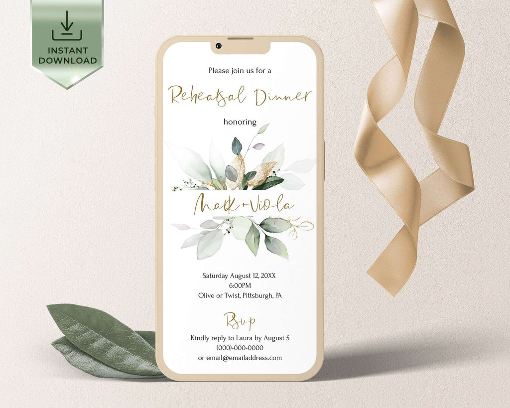 Rehearsal Dinner Invite, Digital Editable Template, Sage Green & Gold