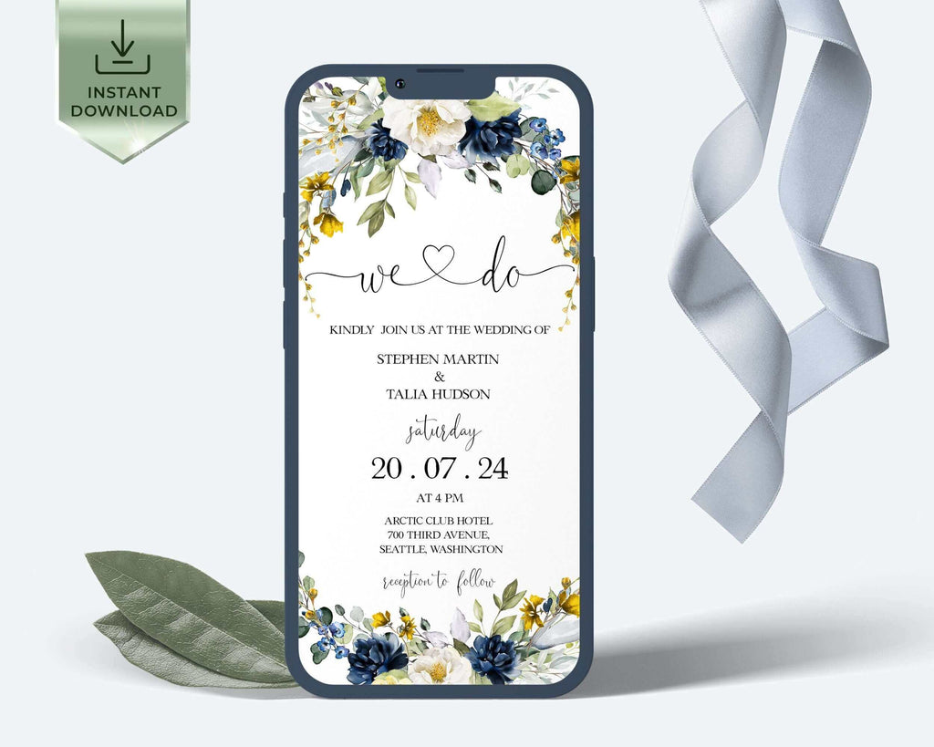 LPE0271 EVELYN - Electronic Invitation Template, Blue & Yellow Smartphone Evite, Floral Digital Template, Eucalyptus Mobile Invite, iPhone SMS