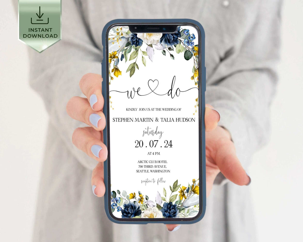 LPE0271 EVELYN - Electronic Invitation Template, Blue & Yellow Smartphone Evite, Floral Digital Template, Eucalyptus Mobile Invite, iPhone SMS