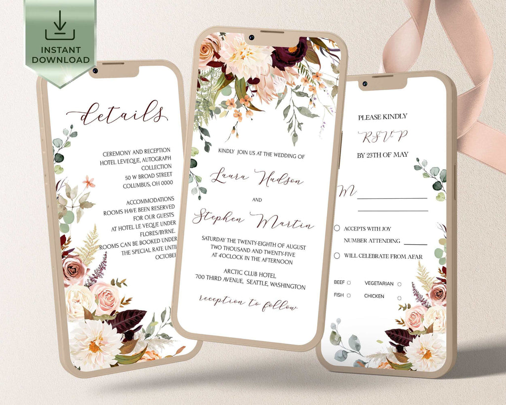 LPE0271 Rustic Digital Wedding Invitation Suite Template, Autumn Electronic Invitation Bundle, Mobile Sms Invite, Instant Download | Autumn