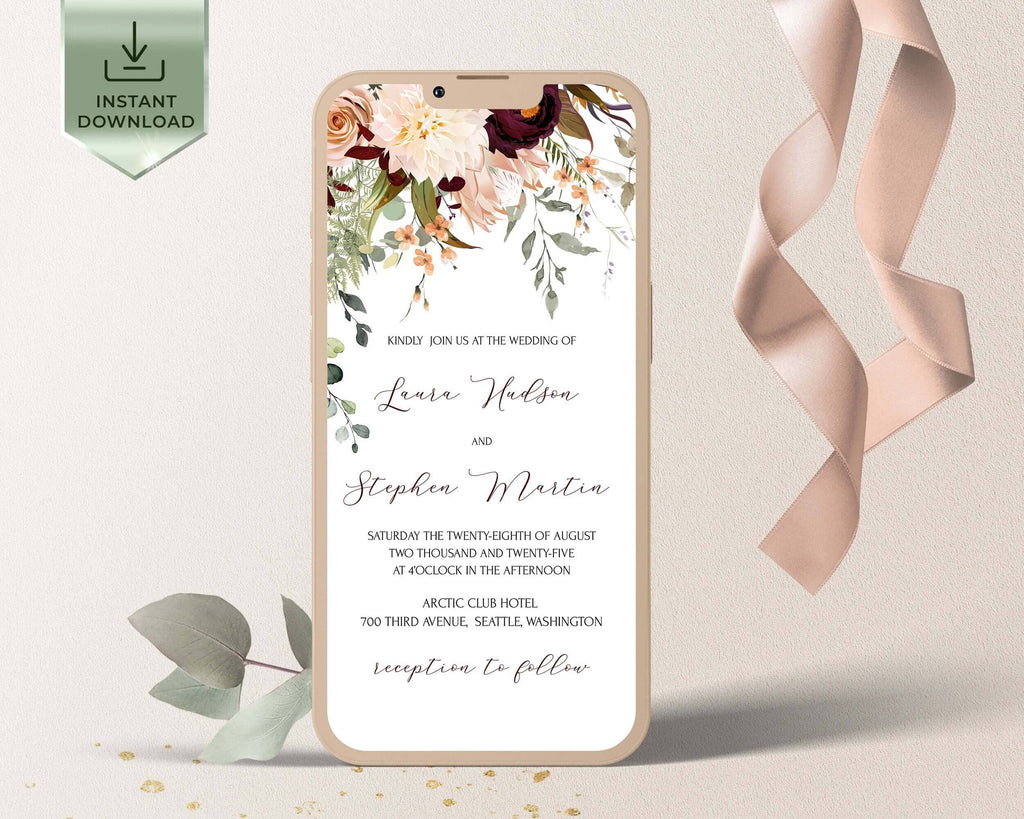 LPE0271 Rustic Digital Wedding Invitation Suite Template, Autumn Electronic Invitation Bundle, Mobile Sms Invite, Instant Download | Autumn