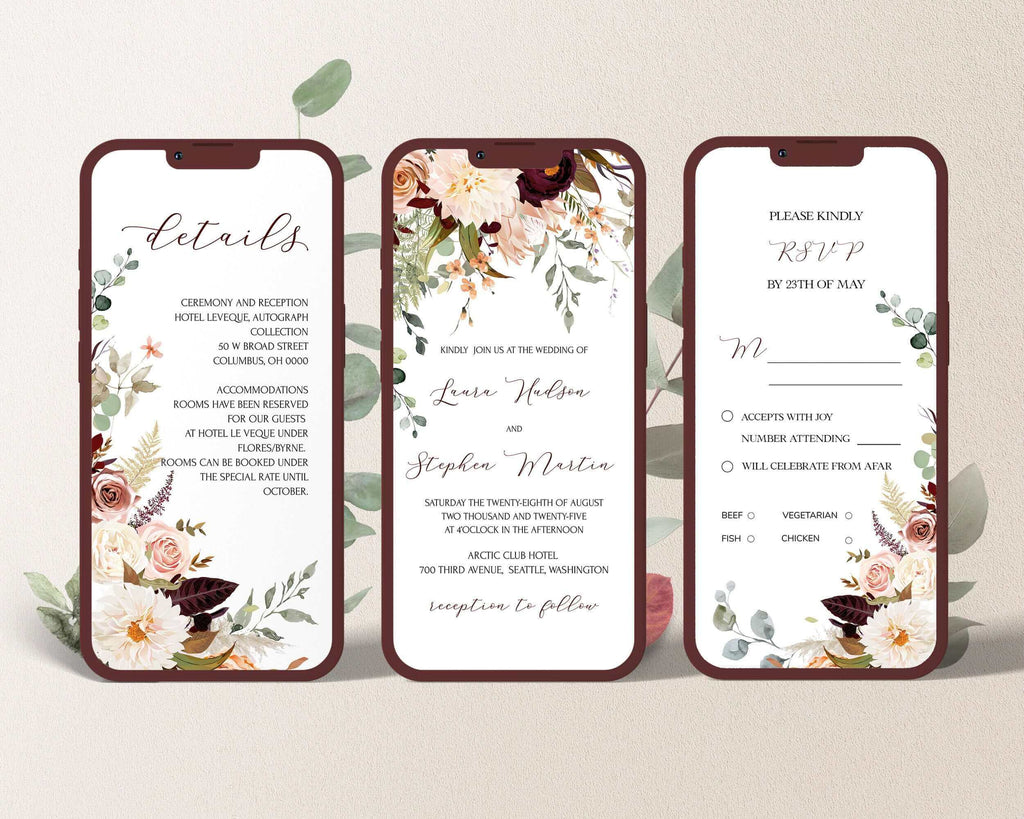 LPE0271 Rustic Digital Wedding Invitation Suite Template, Autumn Electronic Invitation Bundle, Mobile Sms Invite, Instant Download | Autumn