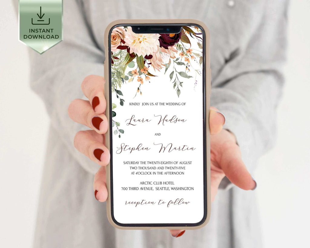 LPE0271 Rustic Digital Wedding Invitation Suite Template, Autumn Electronic Invitation Bundle, Mobile Sms Invite, Instant Download | Autumn