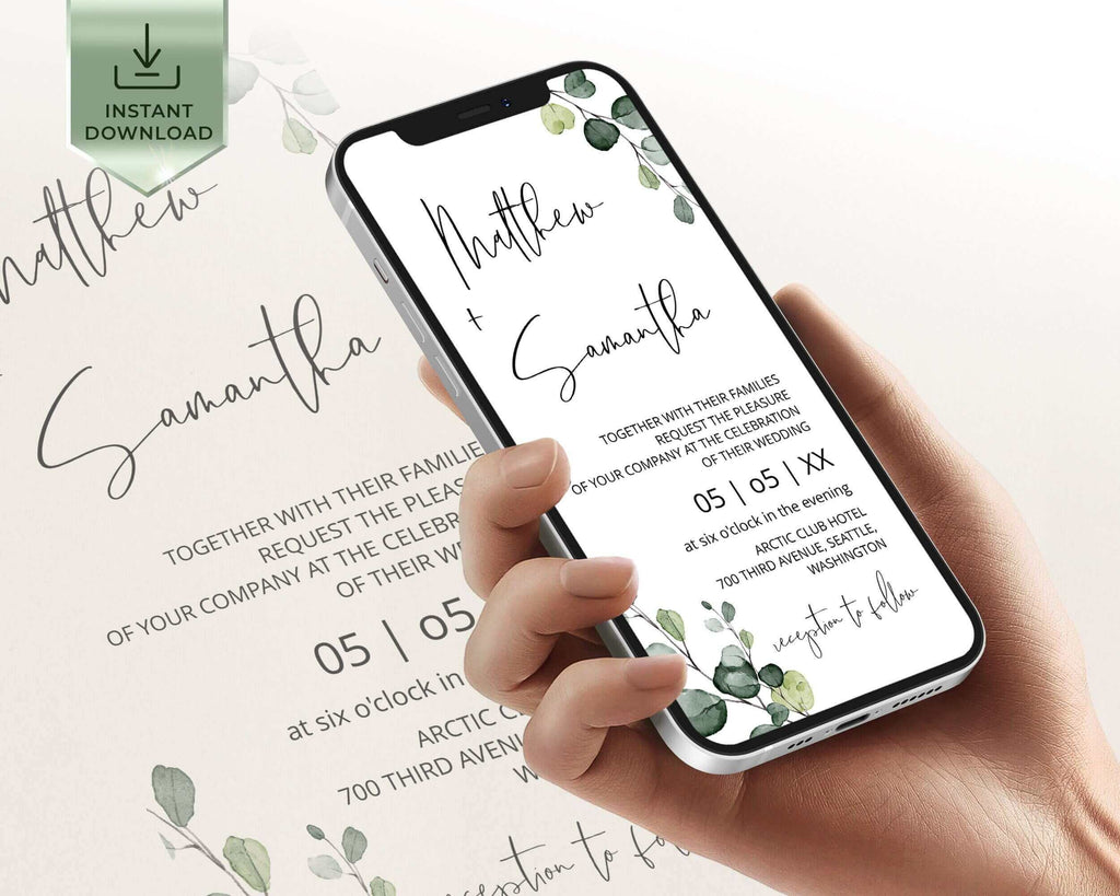 Digital Invitation Bundle Template, Greenery Smartphone Evite, Eucalyptus iPhone Invitation, Mobile Invite Set, Digital invitation | EVA