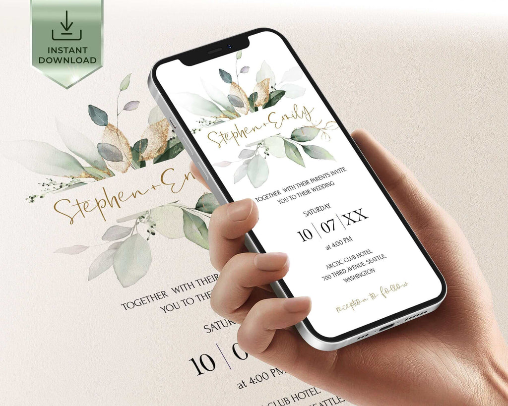 Digital Invitation Bundle | Greenery & Gold Design | Editable Template