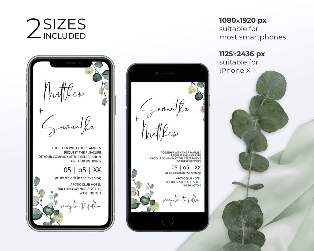 Digital Invitation Bundle Template, Greenery Smartphone Evite, Eucalyptus iPhone Invitation, Mobile Invite Set, Digital invitation | EVA