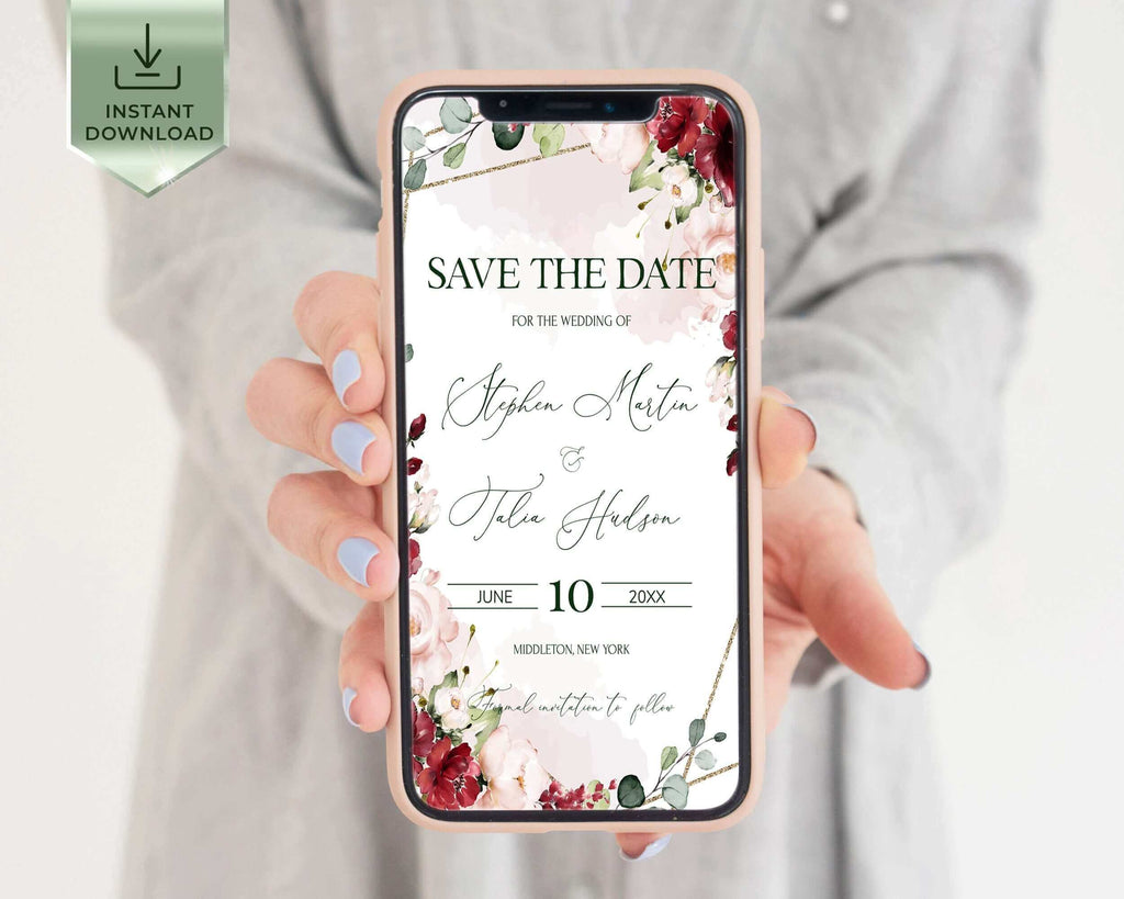 Save the Date Wedding Evite, Bugundy & Blush Pink, Editable Templates