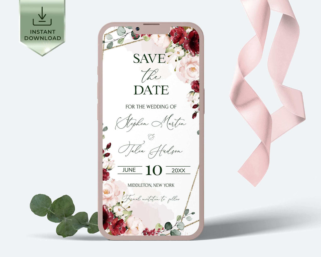 Save the Date Wedding Evite, Bugundy & Blush Pink, Editable Templates