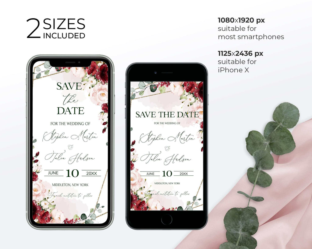 Save the Date Wedding Evite, Bugundy & Blush Pink, Editable Templates