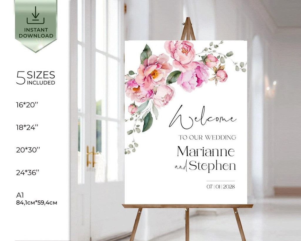 Floral wedding welcome sign on an easel with customizable text