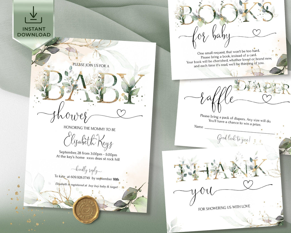 A set of printable baby shower invitation templates with greenery and gold design elements, including an invitation, thank you card, and diaper raffle card.