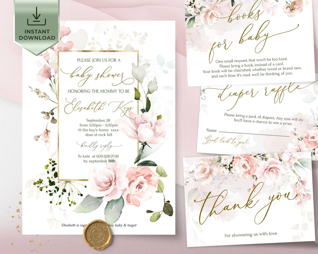 A set of blush pink baby shower invitations with floral printable designs, including an invitation, a thank you card, a book for baby, and two diaper ruffle cards.