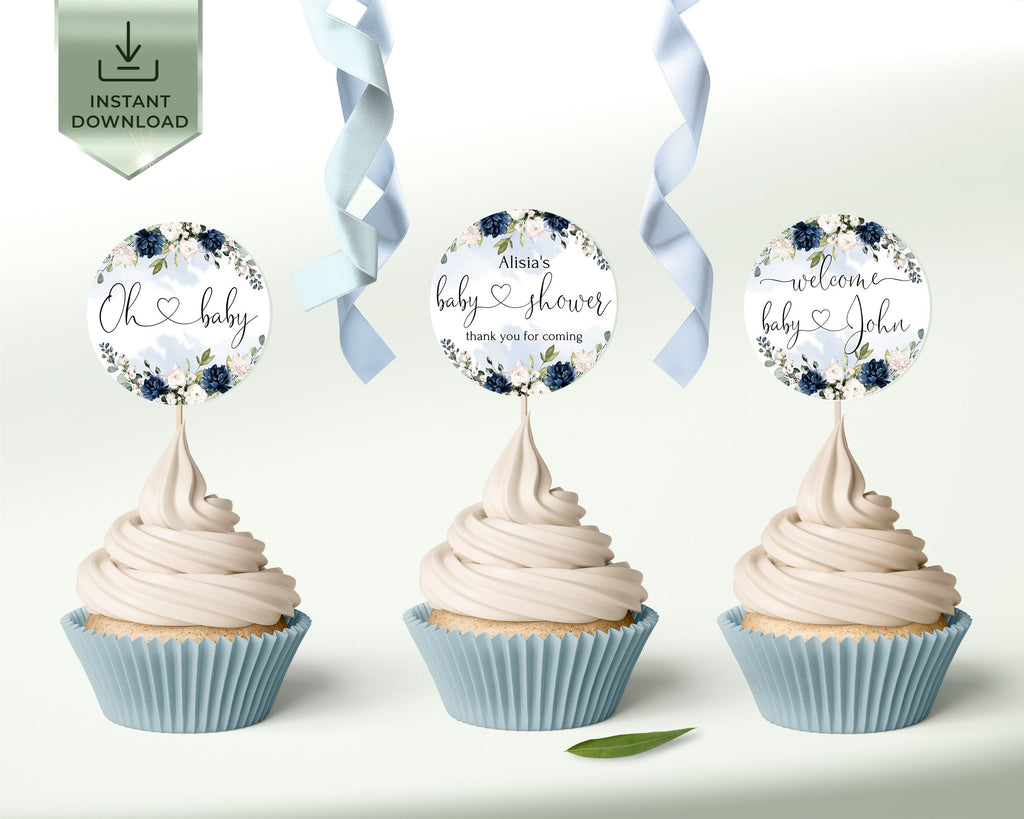 Blue Baby Shower Cupcake Toppers Template, Royal Blue Printable Boy Girl Blue Navy Creamy Flowers Shower Cupcake Topper, Editable OTTO LE300