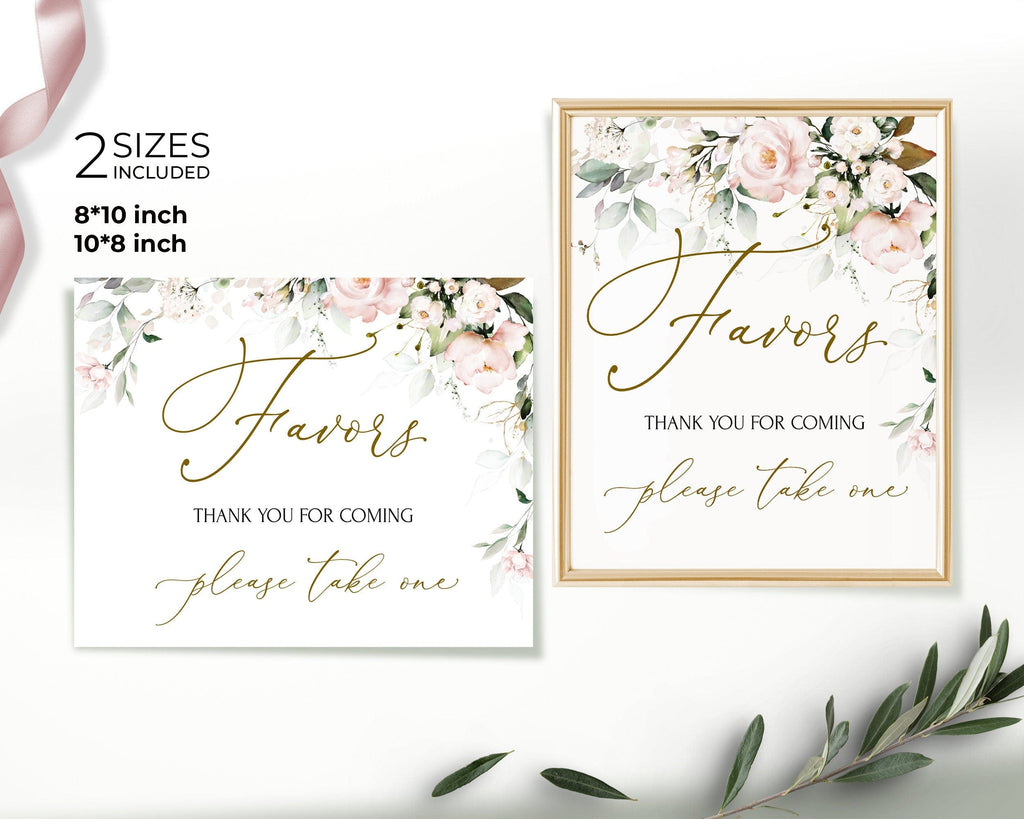 Floral 'Favors' signs with gold text on a white background