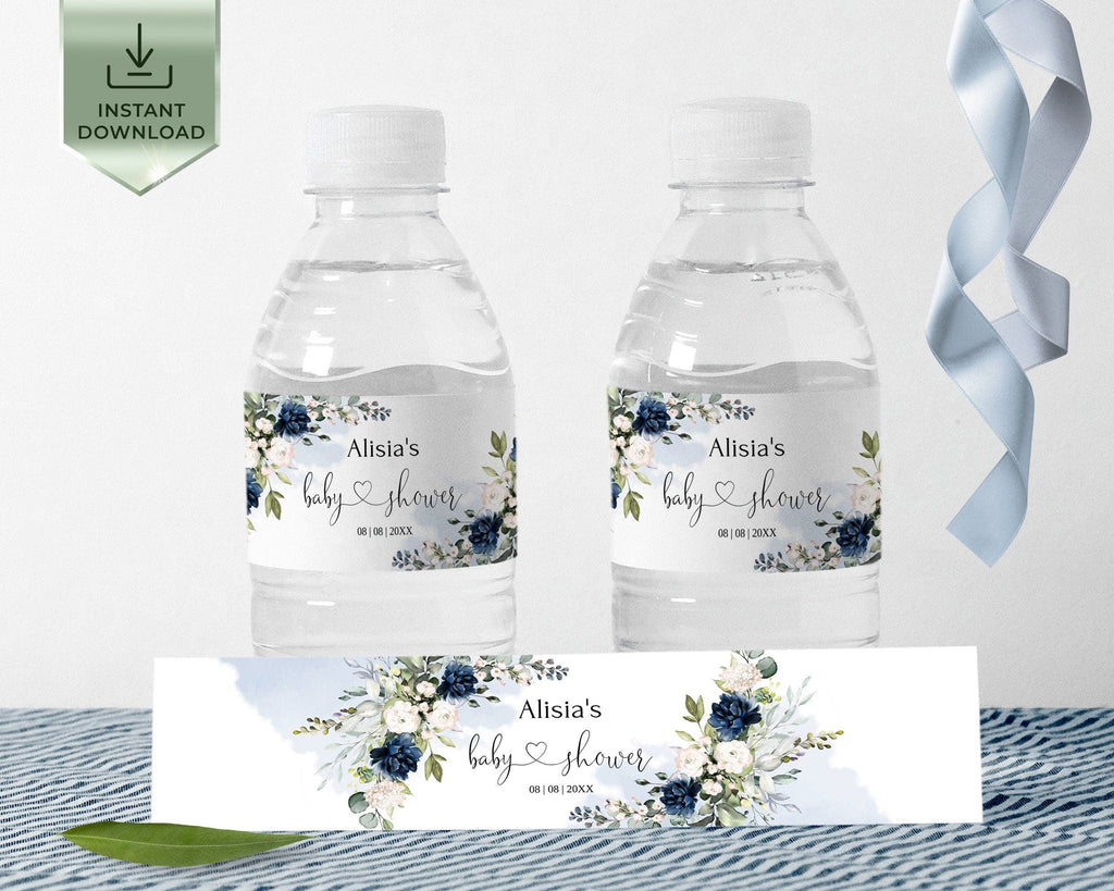 Two water bottle labels with a floral design, navy blue and soft pink.