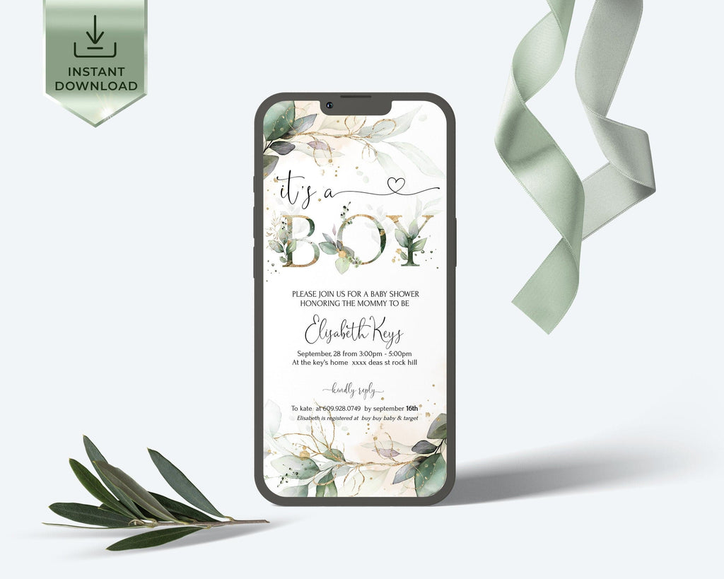 Electronic baby shower invitation displayed on a smartphone with a greenery and gold design theme.