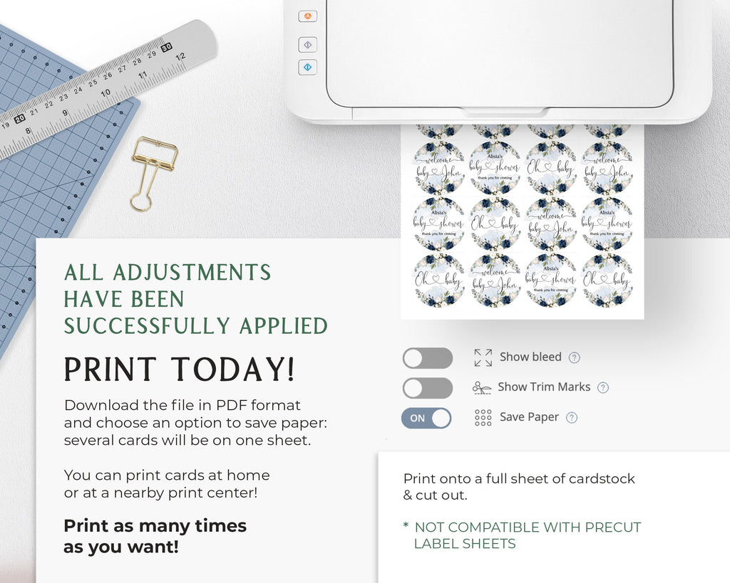 Blue Baby Shower Cupcake Toppers Template, Royal Blue Printable Boy Girl Blue Navy Creamy Flowers Shower Cupcake Topper, Editable OTTO LE300