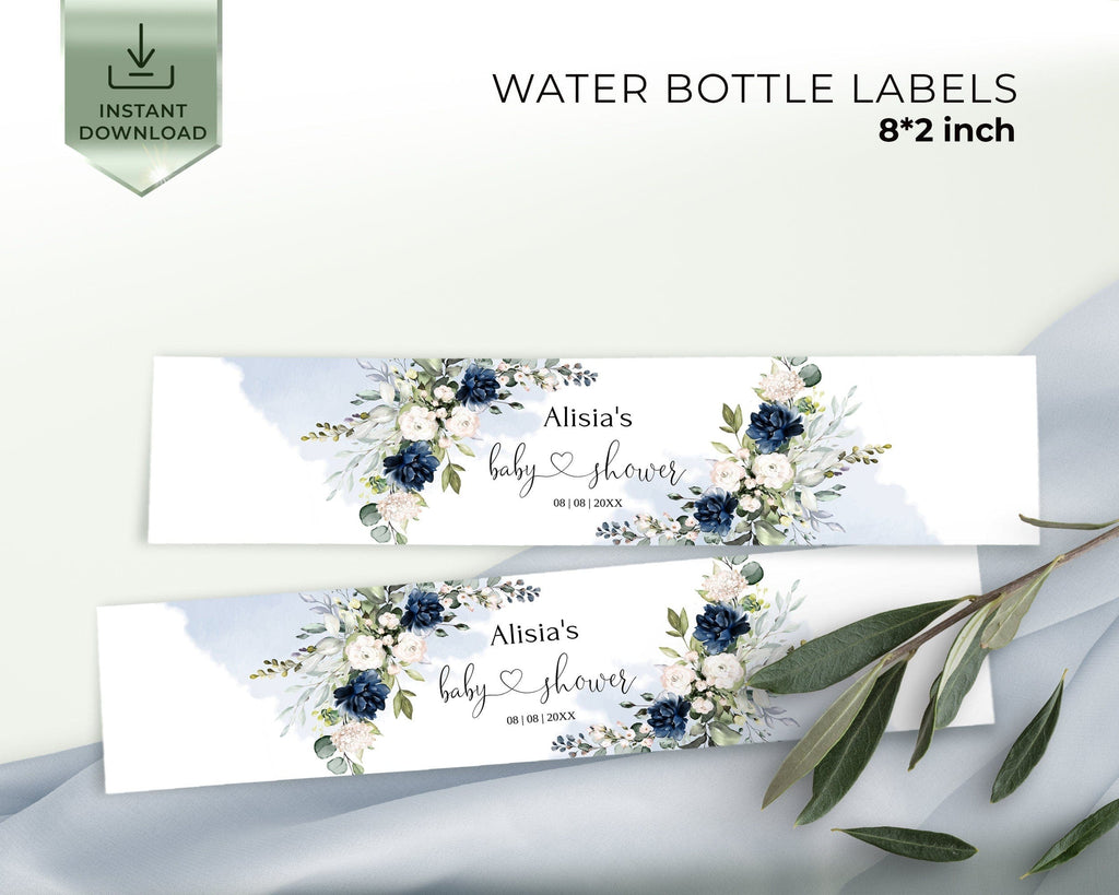 Water bottle labels with floral design and text on a white background