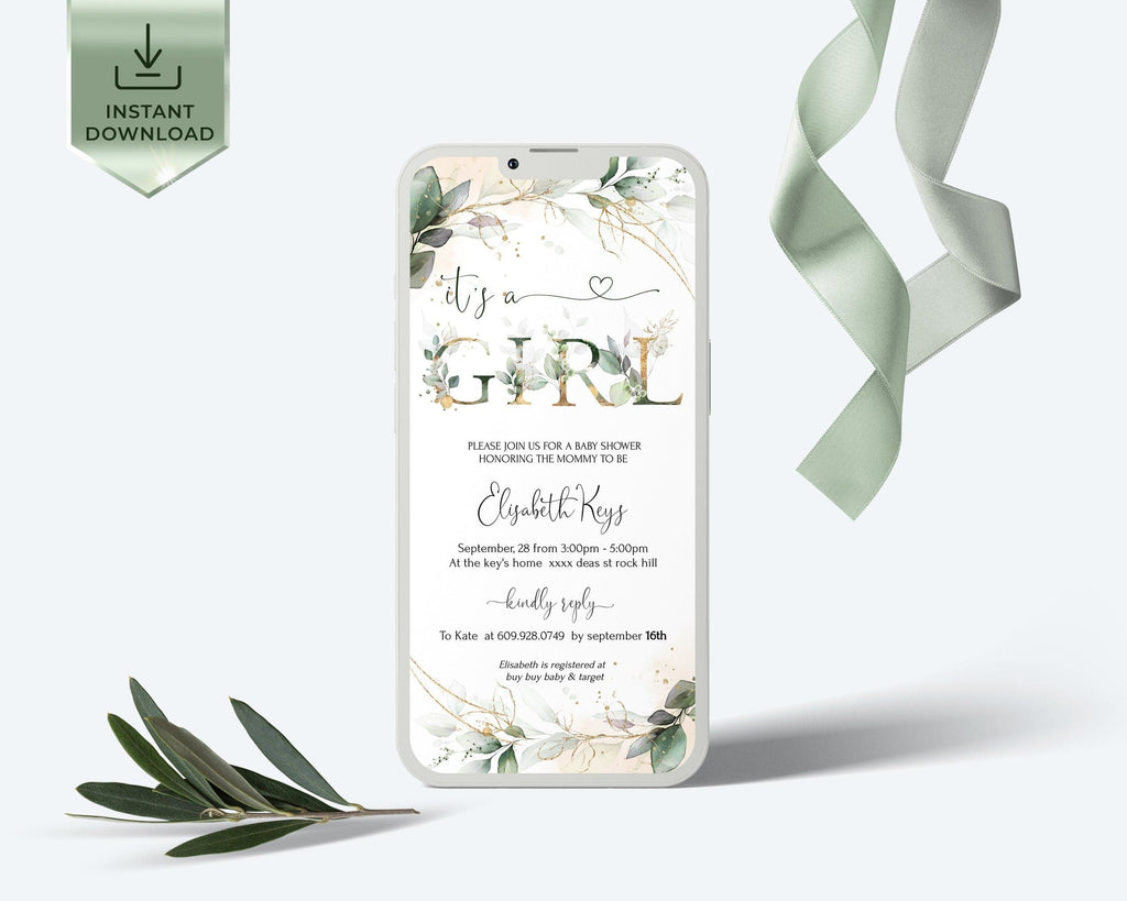 Digital baby shower invitation with sage green and white color scheme, featuring text and eucalyptus leaf graphics, displayed on a smartphone screen.