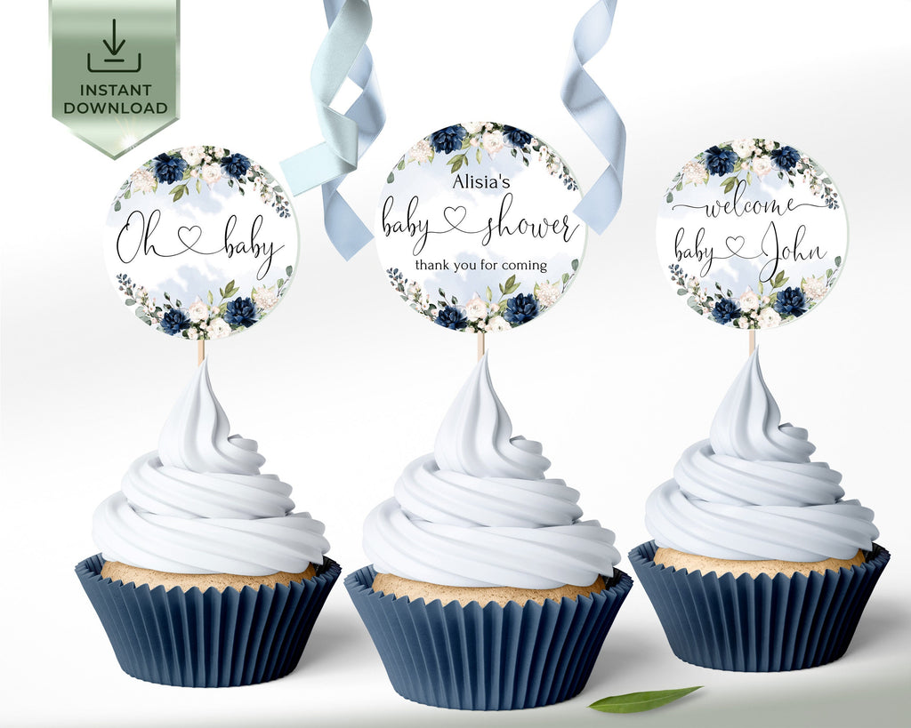 Blue Baby Shower Cupcake Toppers Template, Royal Blue Printable Boy Girl Blue Navy Creamy Flowers Shower Cupcake Topper, Editable OTTO LE300