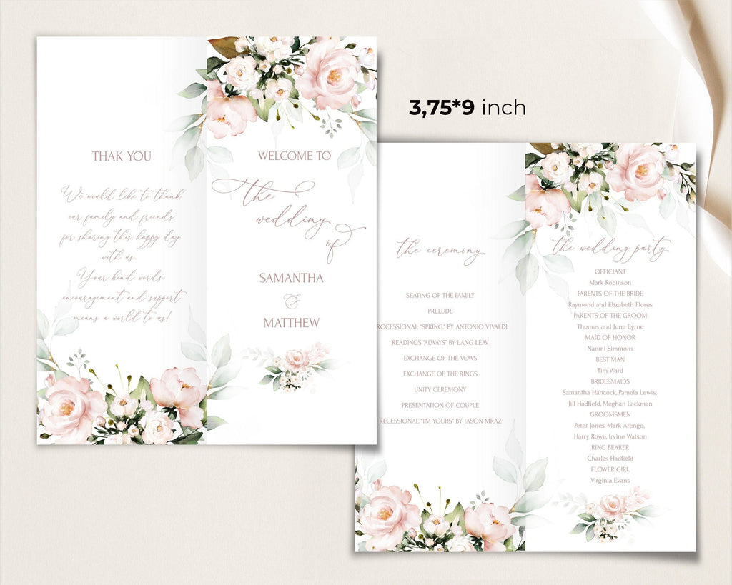 Wedding welcome and program cards with floral design on a white background