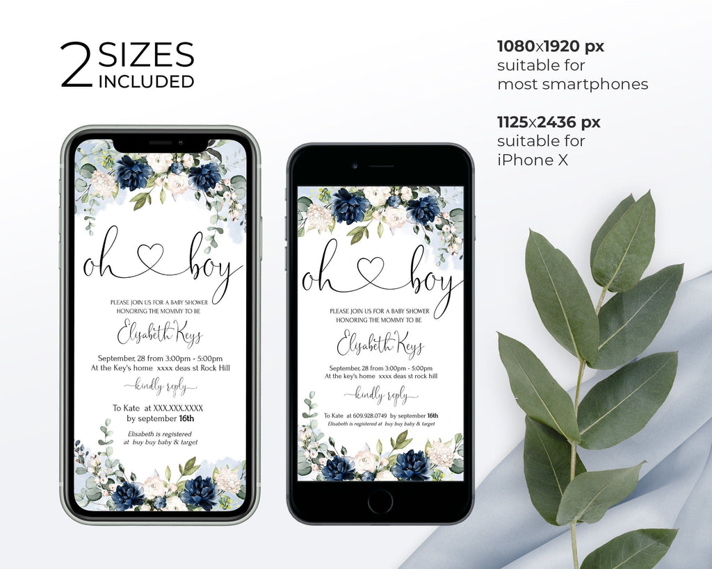 Two smartphone screens displaying a baby shower invitation with floral design, surrounded by green leaves.