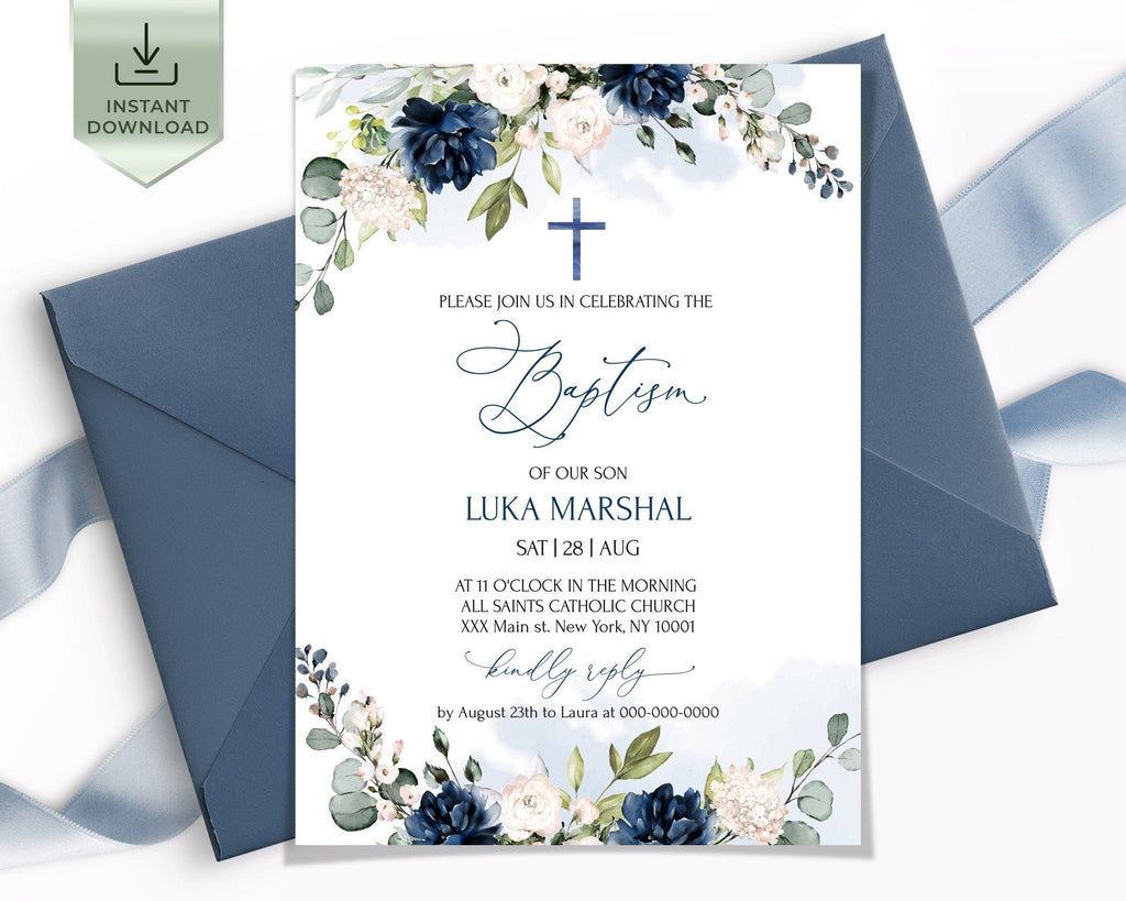Baptism invitation with floral design and blue envelope on a white background