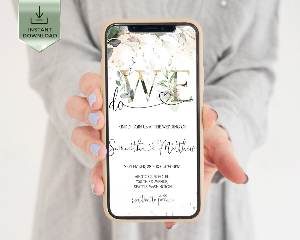 A digital wedding invitation displayed on a smartphone, featuring greenery and gold design elements.